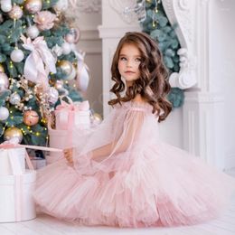 Girl Dresses Princess Pink Tulle Flower Dress For Wedding Round Neck Long Sleeve Pageant Child First Communion Birthday Party