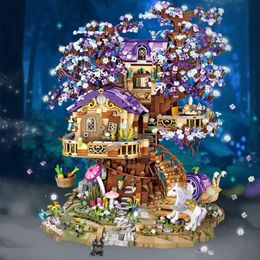 Aircraft Modle LOZ Mini Elf Tree House Lost Temple City Street View Building Blocks Cherry Blossom Model DIY Luminous Architectu For Kids Gifts 230907