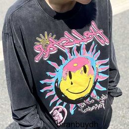 Hellstar Hellstar American High Street Sunflower Smiley Face Graffiti Hip Hop Vintage Old Wash Loose Long Sleeve T-shirt