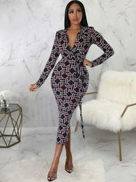 Casual Dresses Fashion Geometric Pattern Bodycon Elegant Women Turn Down Collar Full Sleeve Pencil Dress Classic Back Split Robe Femme