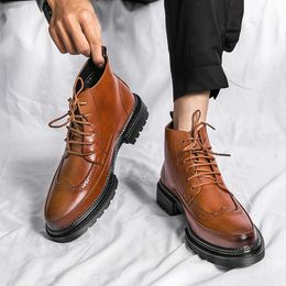 Boots Black Motorcycle Boots for Men Brown Lace-up Round Toe Platform Short Boots Western Boots Size 38-44 230907