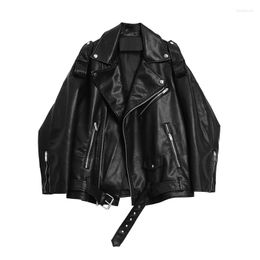 Women's Leather VOLALO High Quality 2023 Women Fashion Vintage Belt Faux Jacket Coat Female Solid Colour Long Sleeve Zipper Outerwear