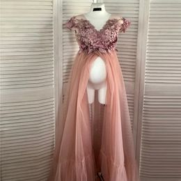 Charming Peach Pink Flowers Maternity Dress Sexy Front Split Floral Pregnant Woman Gowns For Photography V Neck Pearls