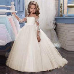 Graceful ball gown Lace Flower Girl Drees For Wedding Long Sleeves Toddler Pageant Gowns Sweep Train Sheer Jewel Neck 3D Appliqued flowers First Communion
