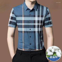 Men's Casual Shirts High-end Mulberry Silk Men Shirt Short Sleeved No Iron Heavyweight Ice Plaid For Camisa