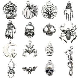 15pcs/bags Charms for Diy Jewellery Bracelets Necklace Keychain Making Supplies Metal Halloween Silver Colour Skull Web