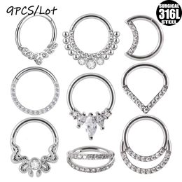 Labret Lip Piercing Jewelry 9PCSLot Steel Micro Zircon Nose Hinged Ring Forward Septum Clicker Ear Cartilage Tragus Body Wholesale 230906