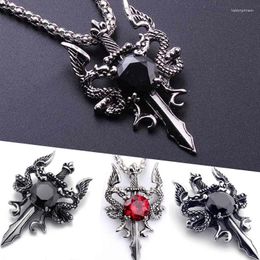 Pendant Necklaces Retro Gothic Double Dragon Dagger Crystal Men Women Zircon Silver Color Punk Necklace Trend Party Jewelry
