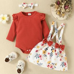 Clothing Sets 3Pcs Born Infant Baby Girl Clothes Long Sleeve Bodysuit Suspender Skirt Headband Girls Outfits