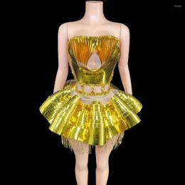 Stage Wear Sparkly Gold Sequins Rhinestones Short Tube Bubble Dress Sexy Show Performance Dance Costume Party Celebrate