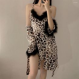 Women's Sleepwear Jxgarb Summer Satin And Feather Decor Sexy Ladies Leopard Robe Gown Sets Latest Design Femme Two Pieces Ice Silk Nightwear