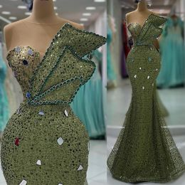 2023 Aso Ebi Arabic Mermaid Green Prom Dress Sequined Lace Crystals Evening Formal Party Second Reception Birthday Engagement Gowns Dresses Robe De Soiree ZJ367