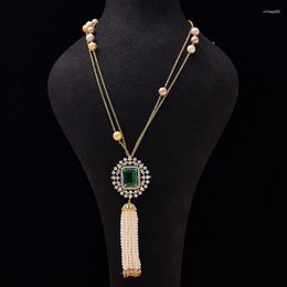 Chains High Quality Necklace Pearl Tassel Pendant 5A Green Zircon Double Layer Chain Personalized Jewelry For Women Birthday Party Gift