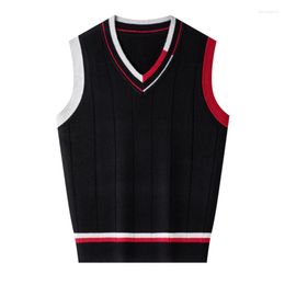 Men's Vests Men Sleeveless Jumpers Wool Knit Tank Vest Sweater Tops V Neck Basic For Autumn Winter Korean Style Fashion Contrast Hem A2203