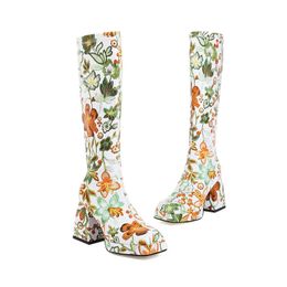 Women Knee High Boots Platform Thick High Heel Ladies Calf Boots PU Leather Embroider Square Toe Women's Boots White Green for girls party shoes