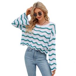 Womens Sweaters Fashion Waves Stripes Hollow Out Knitted Sweater Female Jumpers Women Flared Long Sleeve Crew Neck Pullover Loose Outerwear 230906