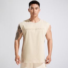 Men's Tank Tops Loose Cotton Top 2023 Summer Fashion Embossed Logo Design Wide Shoulder Round Neck Sleeveless