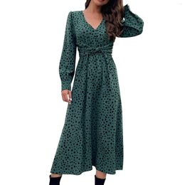 Casual Dresses Green Leopard Print Maxi Dress Elegant Swing V Neck Long Sleeve Women Autumn Chic Slim Fit Bohemian Party Sexy