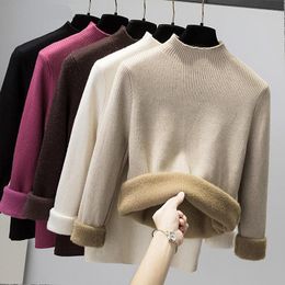 Women's Sweaters Women Sweater Pullovers Warm Padded For Winter Solid Mock Neck Mink Velvet Full-sleeve Knit Tops