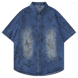 Men's Casual Shirts Summer Men Short Sleeve Button Denim Hip Hop Butterfly Graphic Print Blouse Streetwear Harajuku Cotton Jean