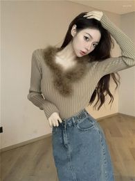 Women's Sweaters Off Shoulder Sexy Sweater Fluffy Fur Stitching Slash Neck Long Sleeve Knit Bottom Female Top Ladies Club Tops Autumn