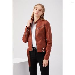 Women's Jackets Brown Trendy Jacket Short Waistband Personalised Leather Slim Fitting Stand Collar Thin