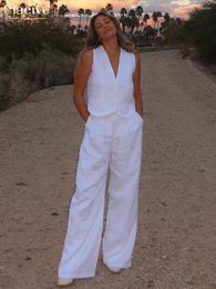 Women's Two Piece Pants Sleeveless Tank Top In Matching High Waist Wide Set Clacive Summer White Linen For Women 2023 Fashion