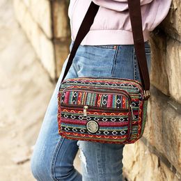 Duffel Bags Multi Layer Messenger Bag Women Striped Canvas Single Mobile Phone