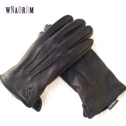Five Fingers Gloves men's 100% sheepskin gloves deer skin pattern design warm and soft men's leather gloves men's mittens with plush lining 230906
