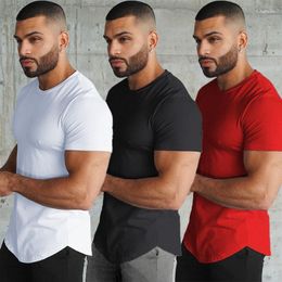 Men's T Shirts Short Sleeve T-shirt Summer Fitness Elastic Tshirt Tops Breathable Quick Drying Solid Color Round Neck Arc Hem Tee