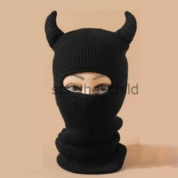 Beanie/Skull Caps 1pc Monster Ears Ski Mask Balaclava Solid Color Beanie Y2K Knit Hat Elastic Skull Hat Warm Outdoor Cycling Windproof Knitted x0907