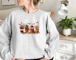 Women's Hoodies Coffee Cups Halloween Sweatshirt Cotton Ghost Street Style Gothic