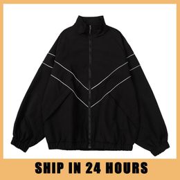 Men's Jackets Hip Hop Reflective Striped Jackets Mens Harajuku Patchwork Zipper Windbreaker Streetwear Casual Loose Varsity Coats Unisex Blue 230907