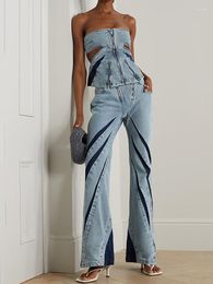 Women's Two Piece Pants HIGH STREET Est 2023 Designer Runway Suit Set Sexy Fashionable 3D Split Color Contrast Zipper Panel TubeTop Jeans