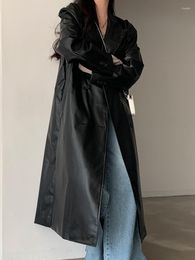 Women's Trench Coats Korean Style Long Coat Women Autumn Lapel Windbreaker Double Breasted Casual Pu Overcoat Vintage Faux Leather Jacket