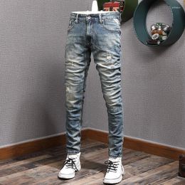 Men's Jeans Fashion Designer Men Retro Washed Blue Elastic Slim Fit Ripped Trousers Embroidery Patched Vintage Denim Pants