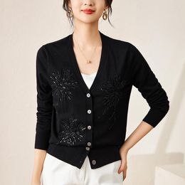 Women's Knits 85% Wool 15% Real Silk Knitted Cardigan Elegant V-neck Long Sleeve Cardigans Black White Sweater Woman Casual Outerwear