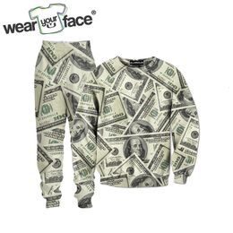 Men's Tracksuits US Dollars Collage 3D All Over Printed Crewneck Sweatshirts Sweatpants Streetwear Kid Women Men Sets Size Dropship 230906