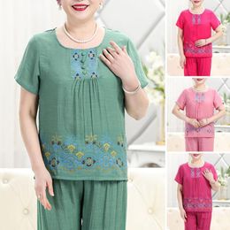 Women's Pants 2Pcs/Set Middle-aged Elderly Women Loose Fit Outfit Retro Print O-neck Short Sleeve Tops Wide Leg Set Lady Two-piece Suit