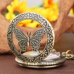 Pocket Watches Hollow Out Butterfly Pattern Retro Pendant Necklace Bronze Quartz Watch With Accessory White Numerals Dial