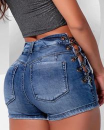 Women's Shorts Grommet Eyelet Chain Lace-Up Ripped Denim 2023 Summer Personality Fashion Female High Waist Skinny Short Jeans