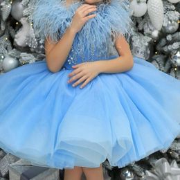 Girl Dresses Sky Blue Sequin Flower Dress Feathers Beading Birthday Kids Ball Pageant For Wedding Party First Communion