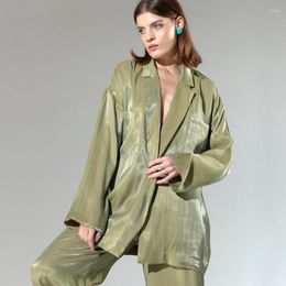 Women's Sleepwear Luxur Bright Silk Pyjamas Set Turn-Down Collar Loose Nightwear With Pants Fashion Home Clothes Suits Palazzo