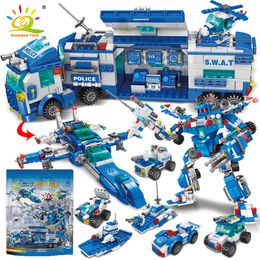 Aircraft Modle HUIQIBAO 700PCS 8in1 City Command Trucks Building Blocks man Robot Car Helicopter Model Bricks Toys for Children 230907