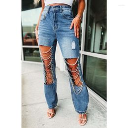 Women's Jeans Wepbel Chain Ornaments Straight-Leg Denim Pants Y2K Ripped Summer Hole Washed High Waist Trousers