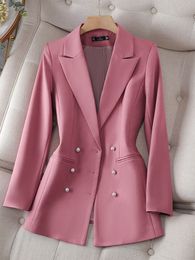 Womens Suits Blazers Autumn Winter Long Sleeve Outwear Blazer Women Pink Black Beige Female Triple Breasted Solid Ladies Jacket Coat For Work Wear 230906
