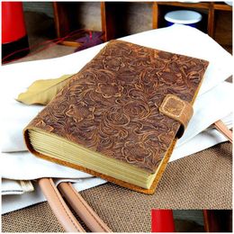 Notepads Wholesale Carved Flower Notebook Handmade Leather Er Note Book Traveller Journey Diary Vintage Notepad School Office Supply Dr Dhkw4