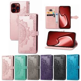 3D Imprint Floral Mandala Wallet Leather Cases for iPhone 15 Pro Max 14 13 12 11 XR XS X 8 7 Card Holder Flip Stand Embossed Flower Phone Cover Conque