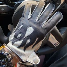 Five Fingers Gloves LUXURY Locomotive Retro Sports Leather Gloves Men Winter 100% Deer Skin Touch Screen Fleece Lined Warm White Mittens Gift 230906