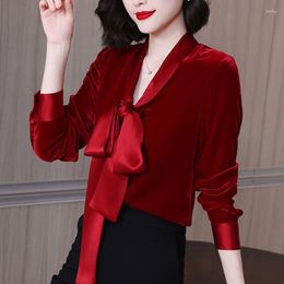 Women's Blouses Vintage Red Women Long Sleeve Velvet Shirts Lady Bow Tie Tops